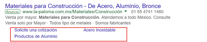 Ejemplo buen anuncio con enlaces de sitio para Google