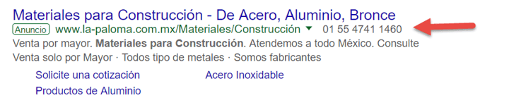 Ejemplo buen anuncio con extension de llamada para Google