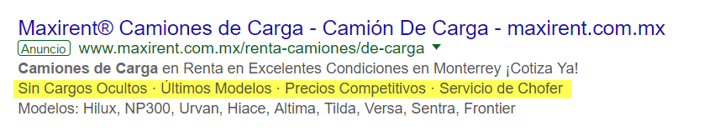 Ejemplo buen anuncio con extension de texto destacado para Google