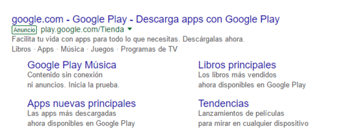Ejemplo buen anuncio con extension de vista a sitios para Google