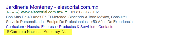 Ejemplo de extensión de ubicación anuncio de Google